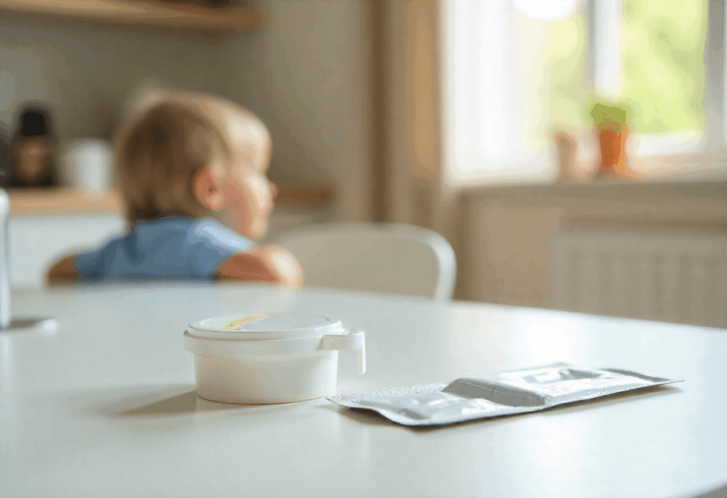 een kind zit aan de tafel waar ook medicijnen op liggen