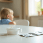 een kind zit aan de tafel waar ook medicijnen op liggen